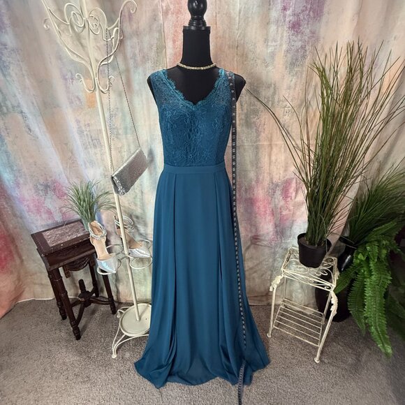 📌Azazie Lace Ink Blue Chiffon Formal - Bridesmaid Dress with Keyhole Backside - Picture 7 of 16
